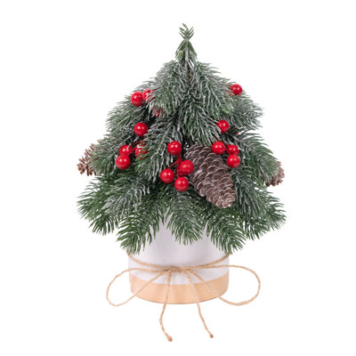 Lot de 2 mini sapins de Noël artificiels en pot, décorés de pommes de pin et de baies rouges, pour la maison, le bureau ou le foyer (vert).