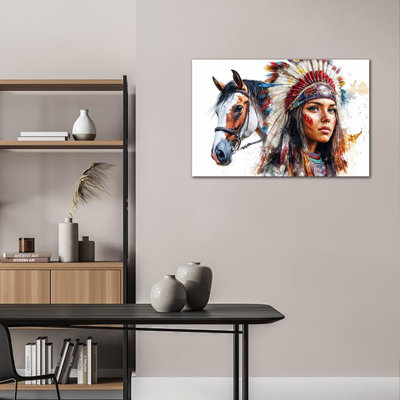 Large Adric Chief Feather Headdress and Horse Painting Western Canvas Prints Ready to Hang American Indian Art Poster Picture for Home Living Room Bedroom Wall Decor Framed, 28×40 Inches