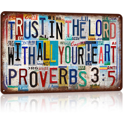 Vintage Licence Plate Trust In The Lord With All Your Heart Wall Decor Motivational Metal Tin Signs for Office Bedroom Prayer Room,12x8 inch