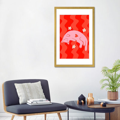 Chat endormi rose sur fond ondulé - impression d'art mural - papier d'art encadré