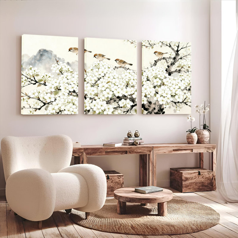 Tableau aquarelle sur toile tendue, motif de fleurs de cerisier et d'oiseaux, style traditionnel de l'Asie de l'Est (lot de 3)
