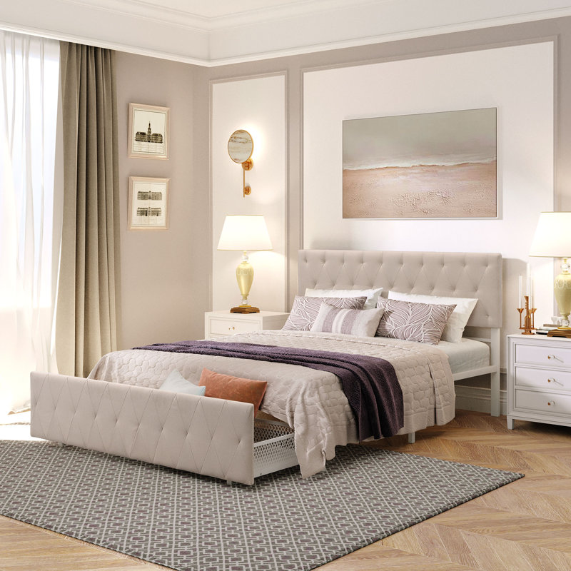 Lit rembourré avec rangement Menthe, Grand, Beige