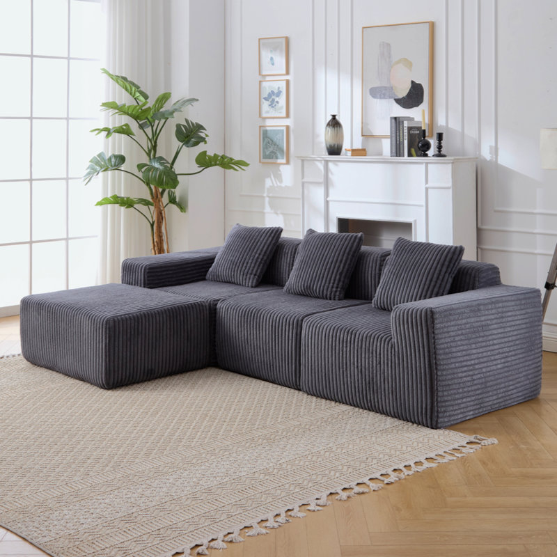Canapé en L rembourré 100,79 po avec méridienne convertible, Gris foncé