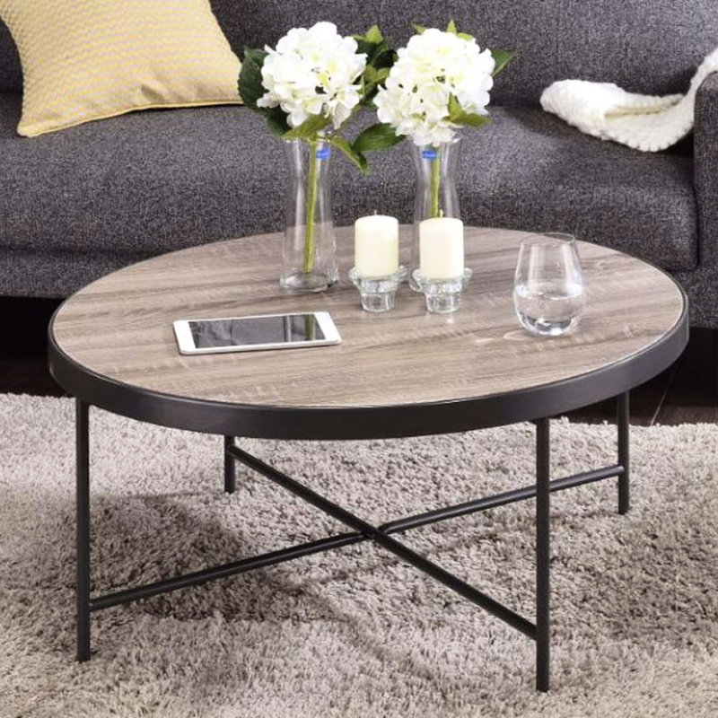 Table basse ronde de style industriel avec base en métal et surface en chêne gris patiné, largeur de 32 pouces de profondeur, hauteur de 16 po pour le cadre de la décoration intérieure, assemblage de Kd, tables d'appoint et d'appoint
