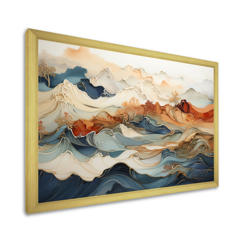 Abstrait abstrait orange et bleu, encre de rivière III - art abstrait sur toile marbrée, Cadre photo unique, Doré