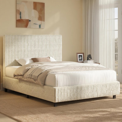 Structure de lit tapissier grand en velours côtelé avec tête de lit épaisse, Crème