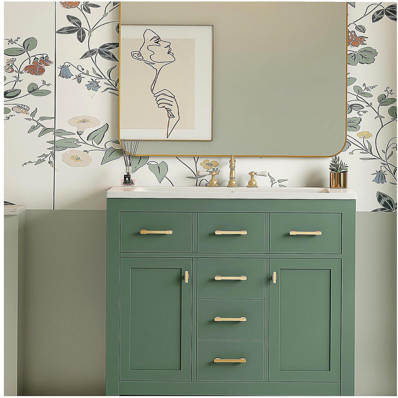 Ensemble de meuble-lavabo simple 36 po avec lavabo en céramique 36 po, armoire de salle de bain moderne autoportante avec 4 tiroirs et 2 armoires, meuble de rangement pour salle de bain, ensemble de meuble-lavabo avec cadre en bois massif, vert