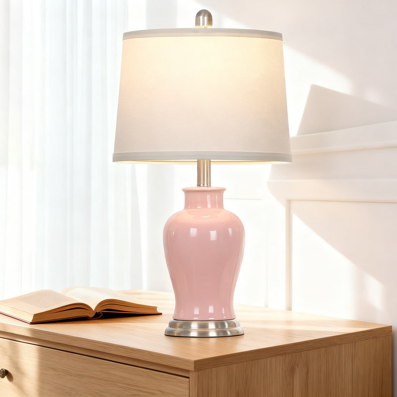 Ensemble de 2 lampes de table Modern Modern en céramique rose avec abat-jour en lin