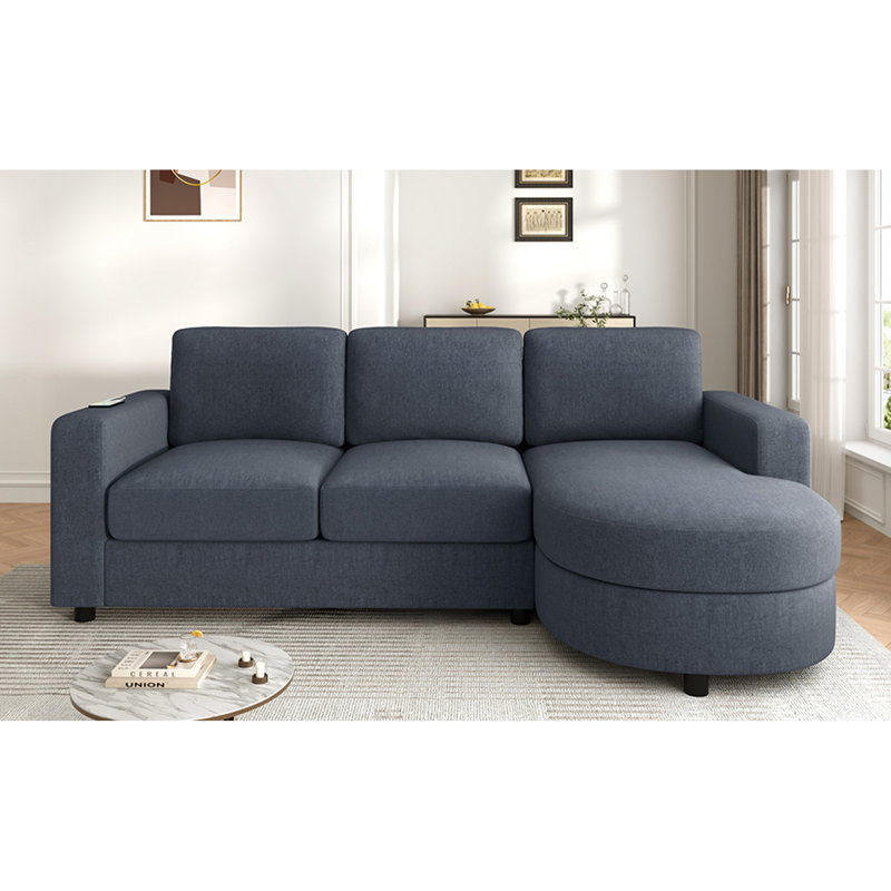 Canapé modulaire moderne en L avec méridienne incurvée, ports USB et poches de rangement latérales pour un salon confortable