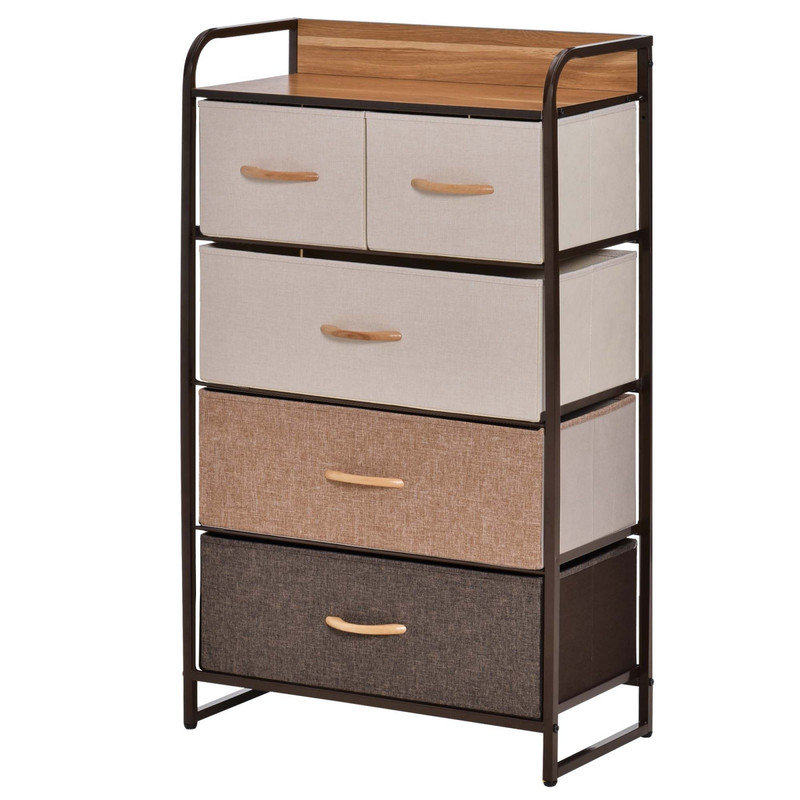 Commode à 5 tiroirs en tissu, tour de rangement à 4 niveaux avec structure en acier et plateau en bois, bois d'érable