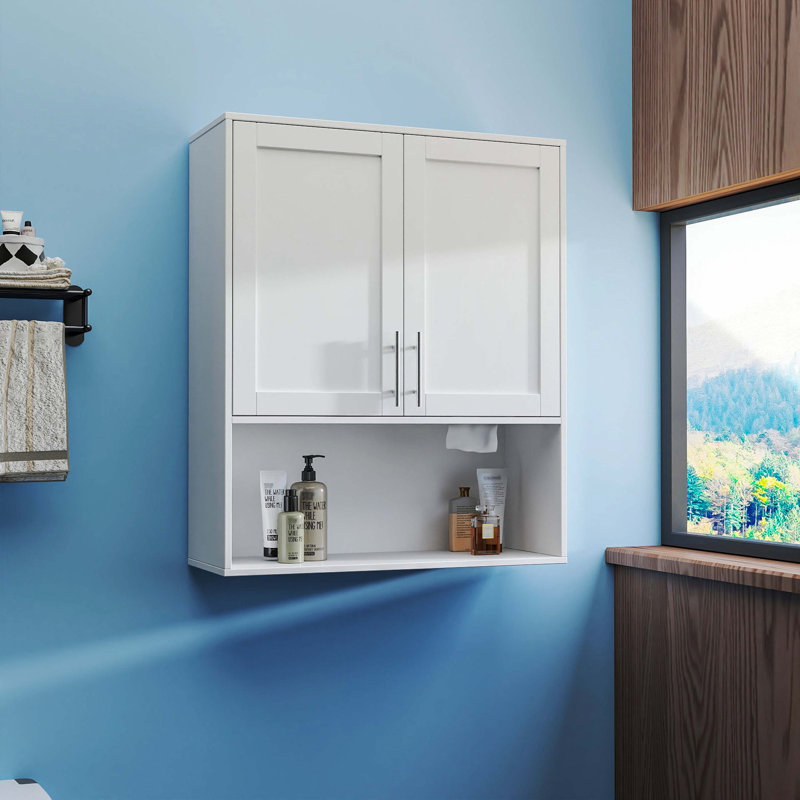 Double Door Bathroom Vanity Mirror Cabinet, Built-In Tissue Slot Multifunctional Storage Cabinet