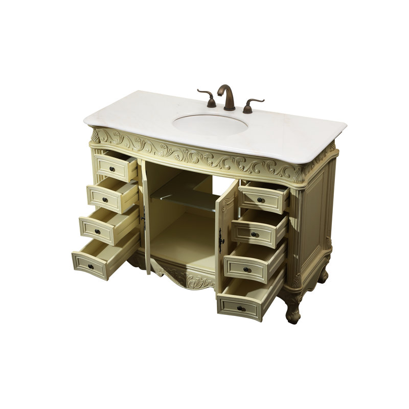 48'' Single Bathroom Vanity with Top, White Marble, Antique Ivory