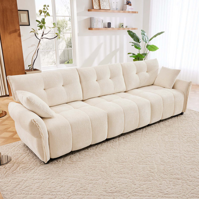 Canapé moderne capitonné 3 places avec coussins, Chenille blanche