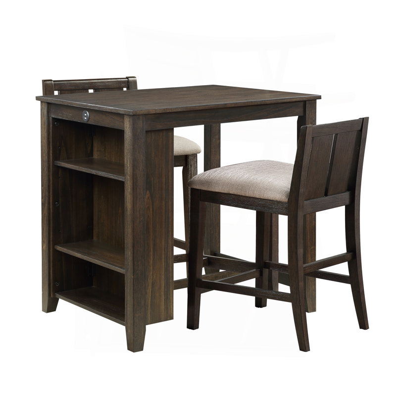 Transitional Design Dark Cherry Finish 3-Piece Pack Counter Height Set Table W Display Shelf USB Ports And 2X Counter Height Chairs Fabric Upholstered Dining Furniture