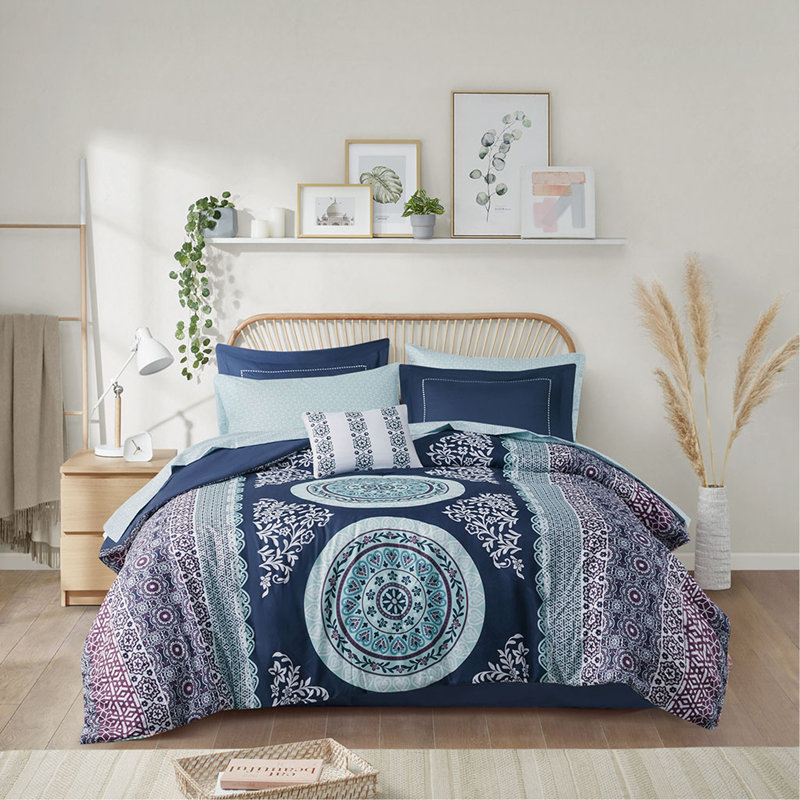 Ensemble d'édredon double avec draps, Édredon double / grand + 8 pièces supplémentair, Bleu marine / abstrait