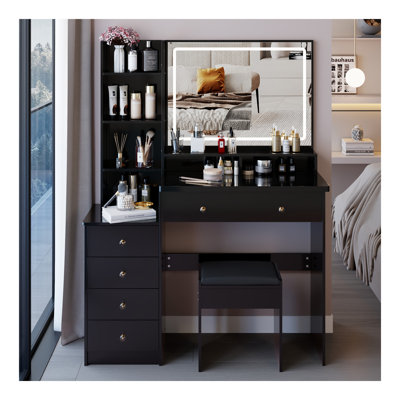 41" Large Size Left Bedside Cabinet Vanity Table+Cushioned Stool, Extra Large Touch Control LED Mirror, 3-Color Switch, Multi Layer High Capacity Storage Fashionable Dresser, Suitable For Large Space