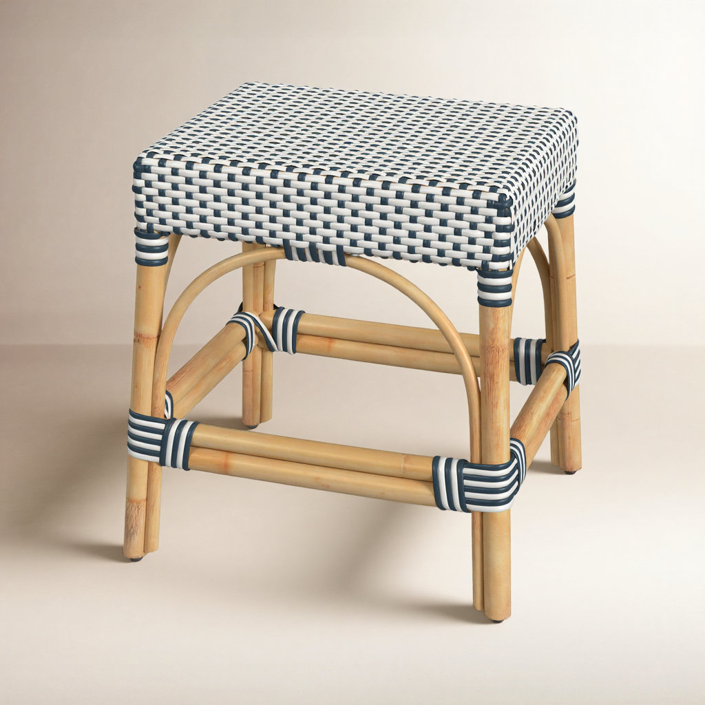 Lennart 18" Bar Stool, White/Navy Dot/ Natural Rattan Frame