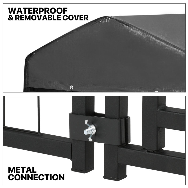 Heavy Duty Black Metal Outdoor Dog Kennel with Gray Waterproof Canopy