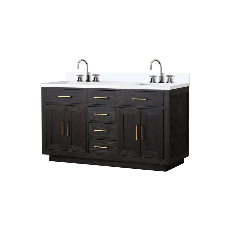 Ensemble de meuble-lavabo double en chêne noir l 60 po x P 22 po, plateau en marbre de culture et robinet