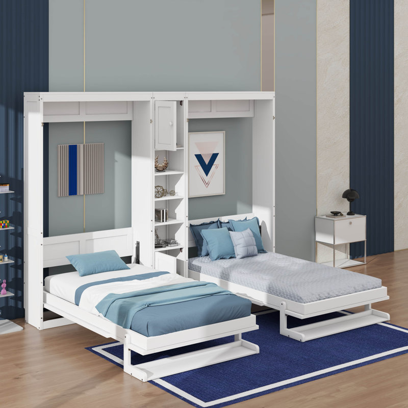 Lits simples escamotables à double paroi avec armoires et tablettes de rangement, Blanc