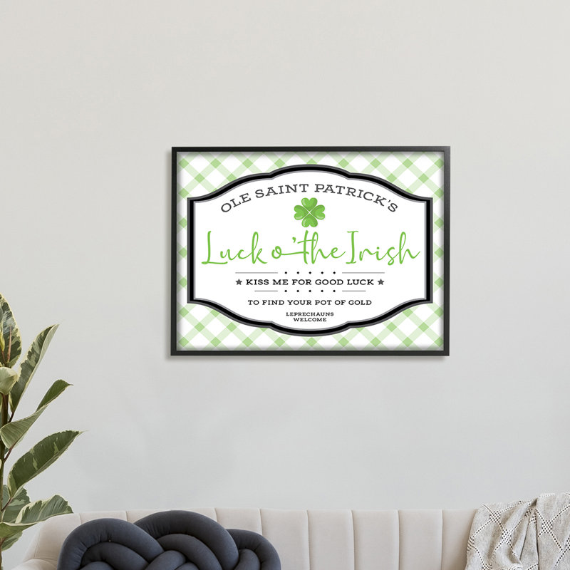 Saint Patrick's Luck of the Irish Sign Green Plaid - art textuel, H 24 po x l 30 po, Cadre noir