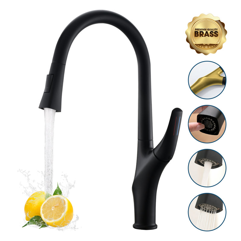  Kitchen Faucet with Pull Down Sprayer, Brass Faucet for Kitchen Sink, Bar Faucet with Ceramic Cartridge, Kitchen Sink for for RV, Bar, Farmhouse, Laundry, Outdoor (Standard, Brushed Black)