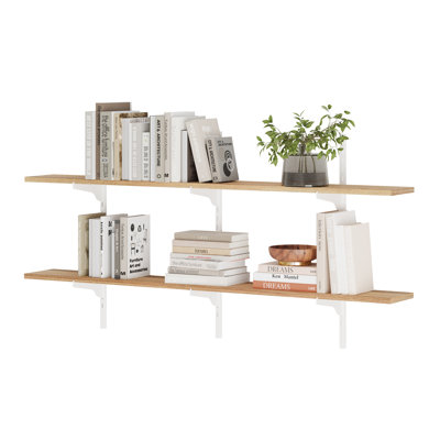 48" X 6" Floating Bookshelf With Adjustable Brackets, Real Wooden Shelves For Wall, Shelves For Living Room, Storage Shelving Unit, Decorative Shelves, Farmhouse & Boho Decor, 2 Tier Shelf, Burnt