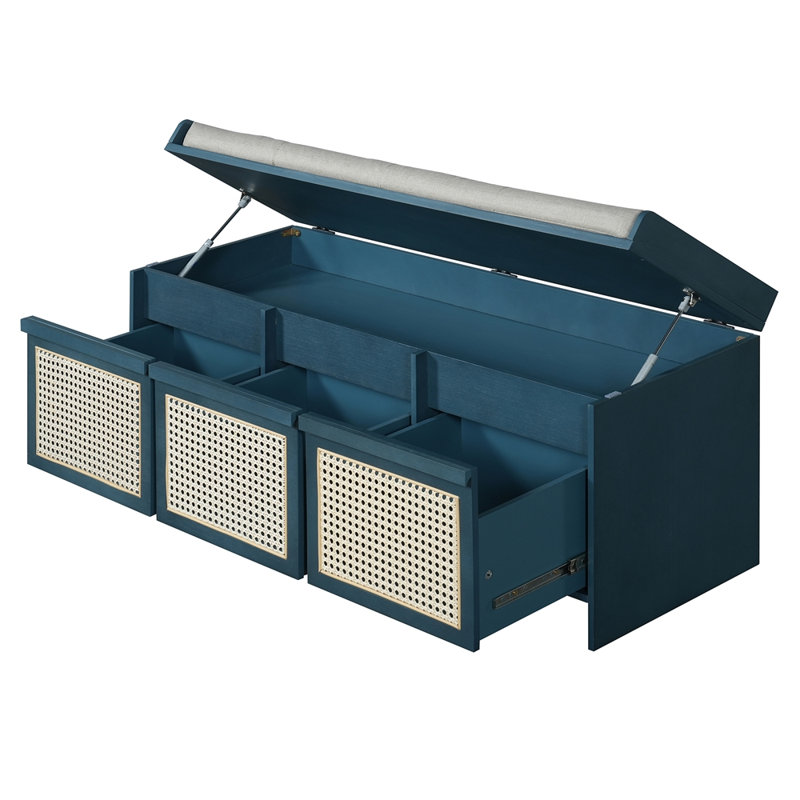 Banc de rangement rétro avec coussin capitonné, Antique Navy, Bleu marine antique