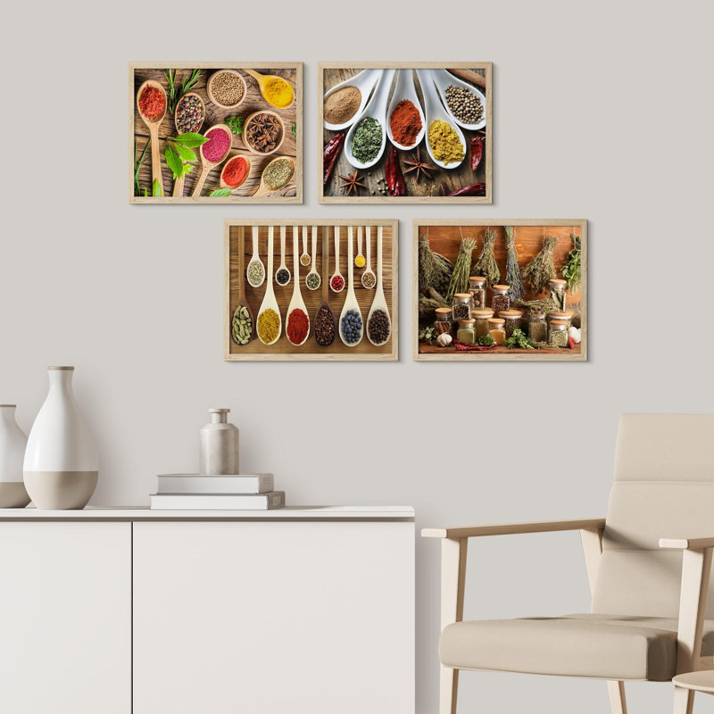 Épices dans des cuillères, cuisine et cuisine, gros plan, impression encadrée sur papier, 4 pièces, Naturel