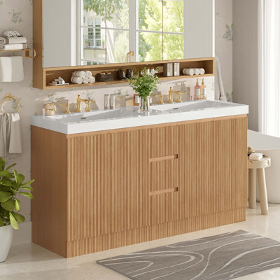 59.3 Inch Freestanding Double Sink Bathroom Vanity with SMC Top, Soft-Close Doors and Drawers, Ample Storage, Modern Wave-Textured Design for Shared Bathrooms.