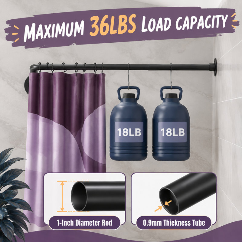 This black 90 degree L shaped corner shower curtain rod adjusts from [23''-53''] x [23''-53'']; intended for bathrooms, bathtubs, and clothing stores, it includes 12 ring hooks and ceiling support.
