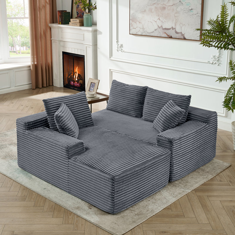 Canapé modulaire désossé en velours côtelé avec méridienne réversible sans assemblage, Velours côtelé gris