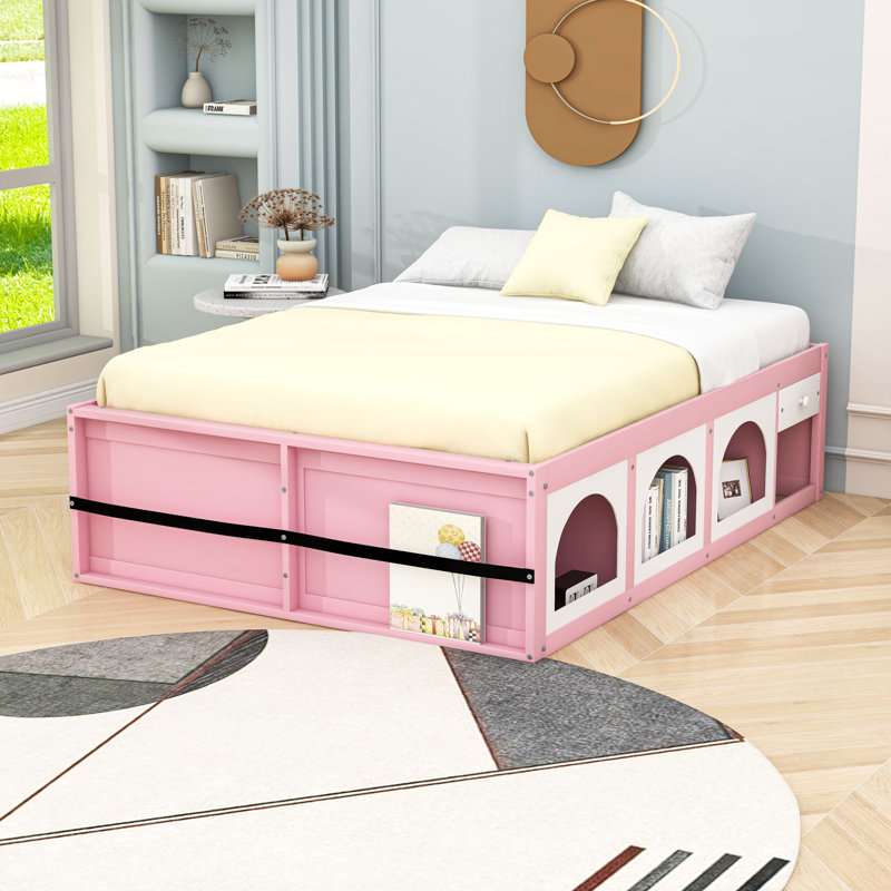 Lit plateforme en bois avec vitrine, tiroir et lumière DEL, Grand lit, Rose/Blanc