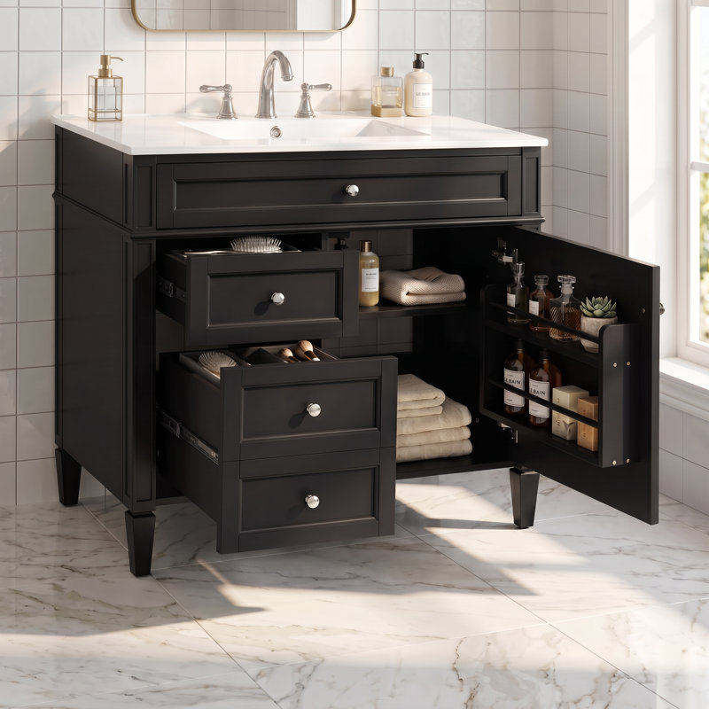 Meuble-lavabo autoportant 36 po en bois aggloméré avec lavabo en céramique blanc, armoire de salle de bain noire avec 2 tiroirs, tablettes de porte réglables et tiroir basculant