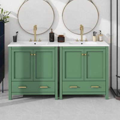 Ensemble de meuble-lavabo élégant avec lavabos en céramique et tiroirs cloisonnés