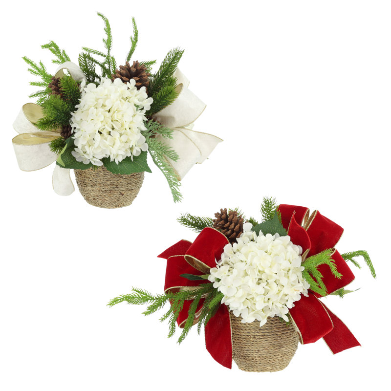 Joli Two Holiday Hydrangea Arrangements with Evergreen and Bows, White/Cream/Red