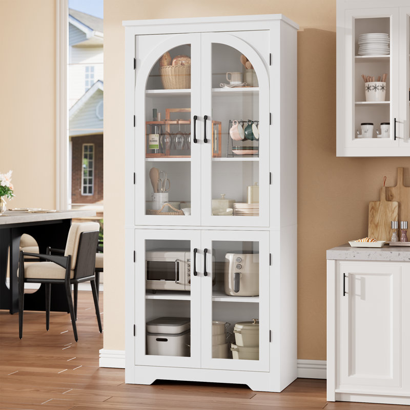 Garde-manger de 70 po de hauteur avec 4 portes en verre arquées, tablettes réglables, armoire de rangement pour aliments, blanc