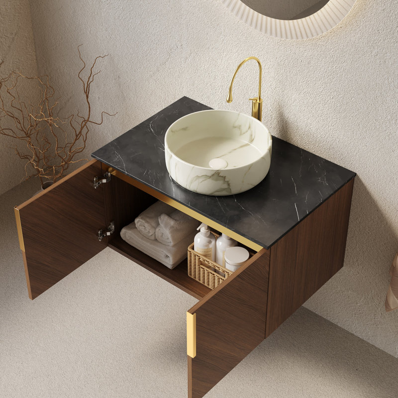 Meuble-lavabo simple 30 po avec portes doubles, comptoir en pierre frittée, lavabo rond en céramique