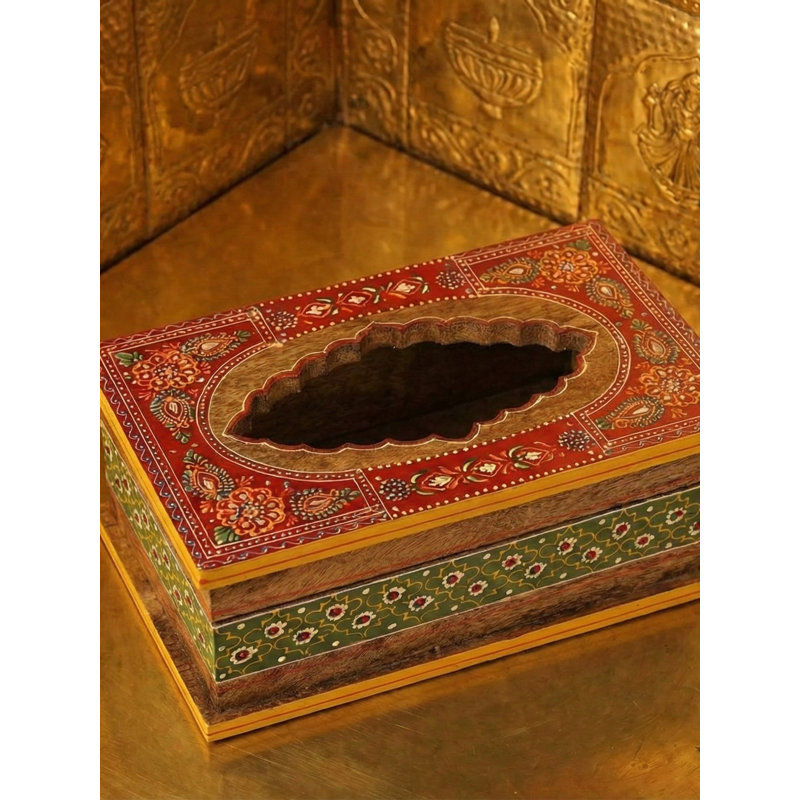 Hand-Painted Wooden Tissue Box Cover - 10" Floral Lacquer Art Dispenser - Traditional Indian Home Décor