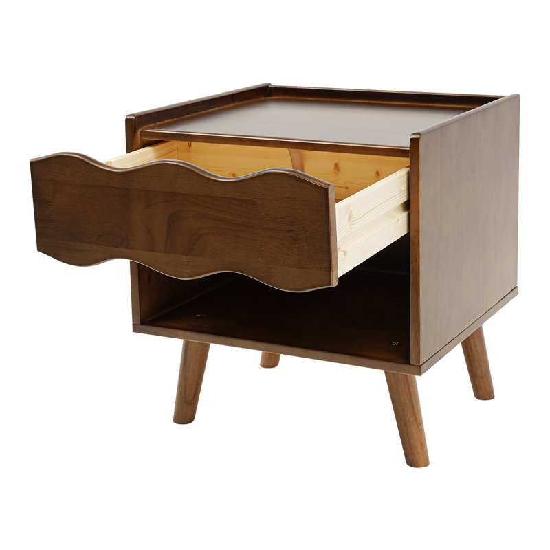 Table de chevet en bois avec tiroir et tablette ouverte