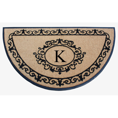 Bahily Floral Border Natural Coir & Rubber Hand-Flocked Monogram Door Mat, 36"x72", Heavy-Duty Outdoor Front Porch Entrance Doormat