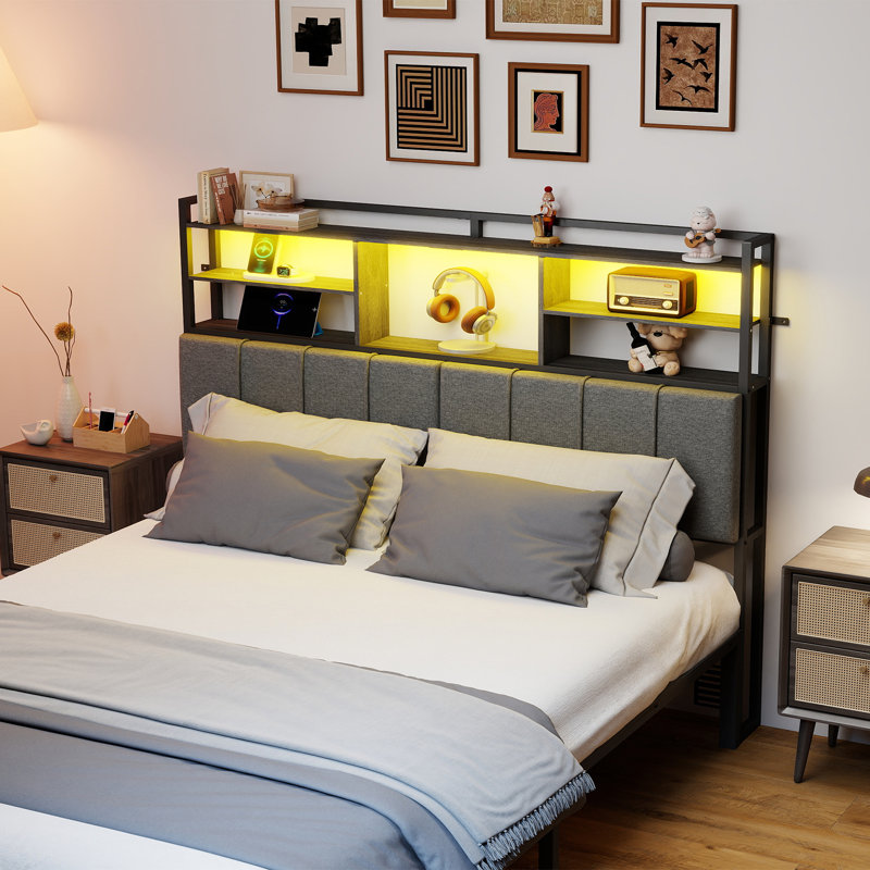 Upholstered Headboard for Full Size Bed with 3 Tier Shelves,LED Lights and Charging Station,Height-Adjustable Headboard with Soft Backrest,Grey