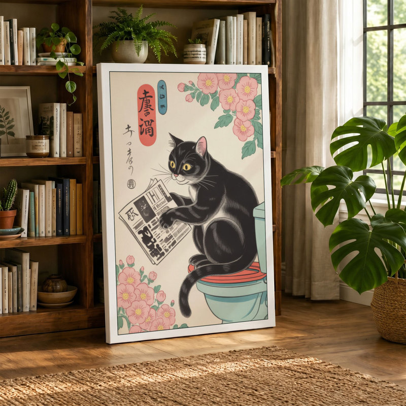 Cat with Newspaper and Roses Japandi - Wrapped Canvas, 36x24 - 91.4 x 61.0 cm, Taupe Border