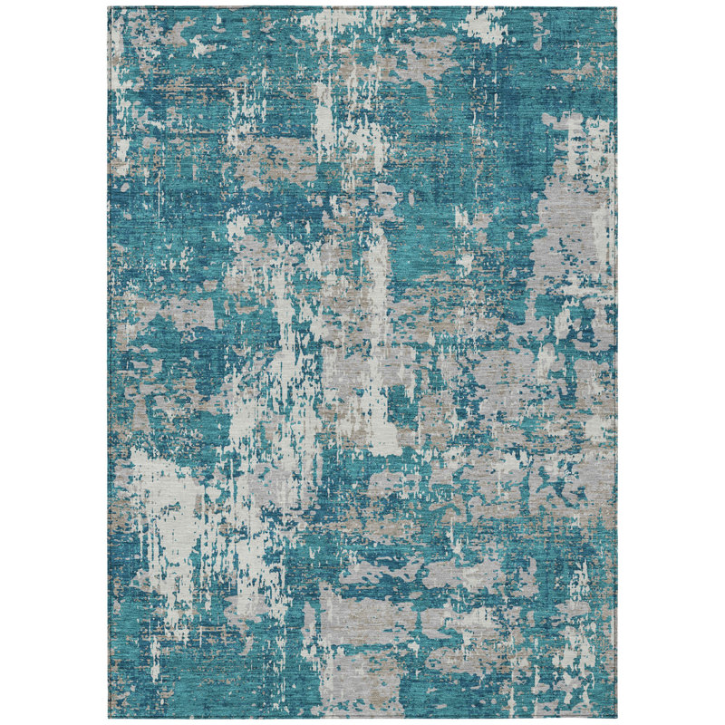 3' X 5' Teal Blue Gray And Ivory Abstract Washable Indoor Outdoor Area Rug