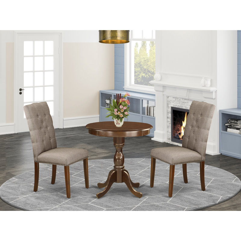 Ensemble de coin repas 3 pièces pour petits espaces comprenant une table de salle à manger ronde avec piédestal et 2 chaises de salle à manger Parson en tissu kaki foncé, acajou