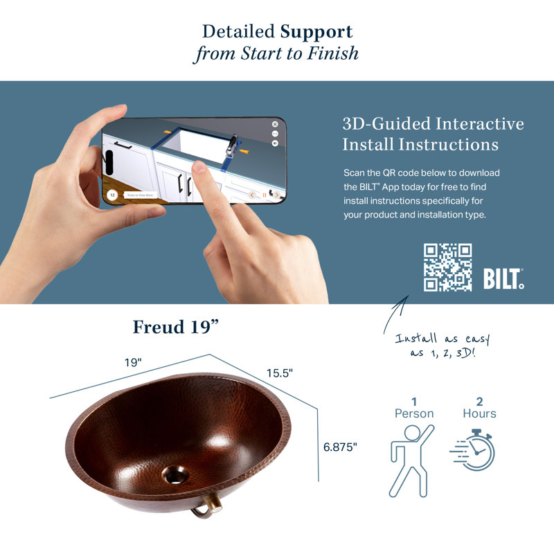 Lavabo de salle de bain encastré en cuivre 19 po Freud