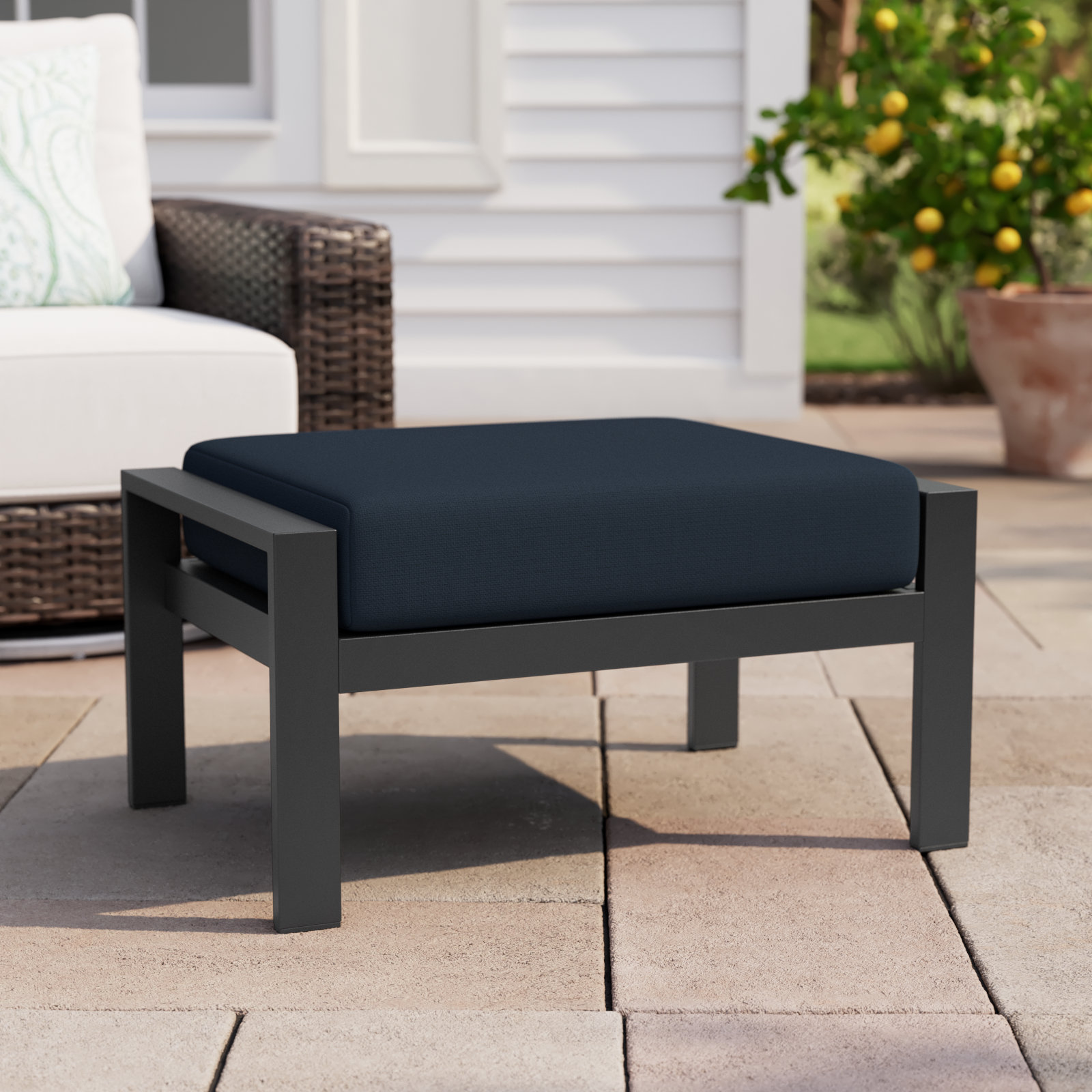 Townsend Metal Outdoor Ottoman with Sunbrella Cushion, Canvas Navy Sunbrella® Canvas, No, None