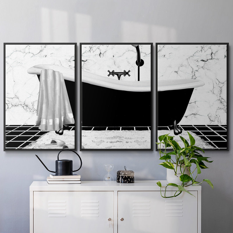 Modern Bath I - 3 pièces, reproduction encadrée sur toile, H 40 po x l 78 po x P 2 po, Noir