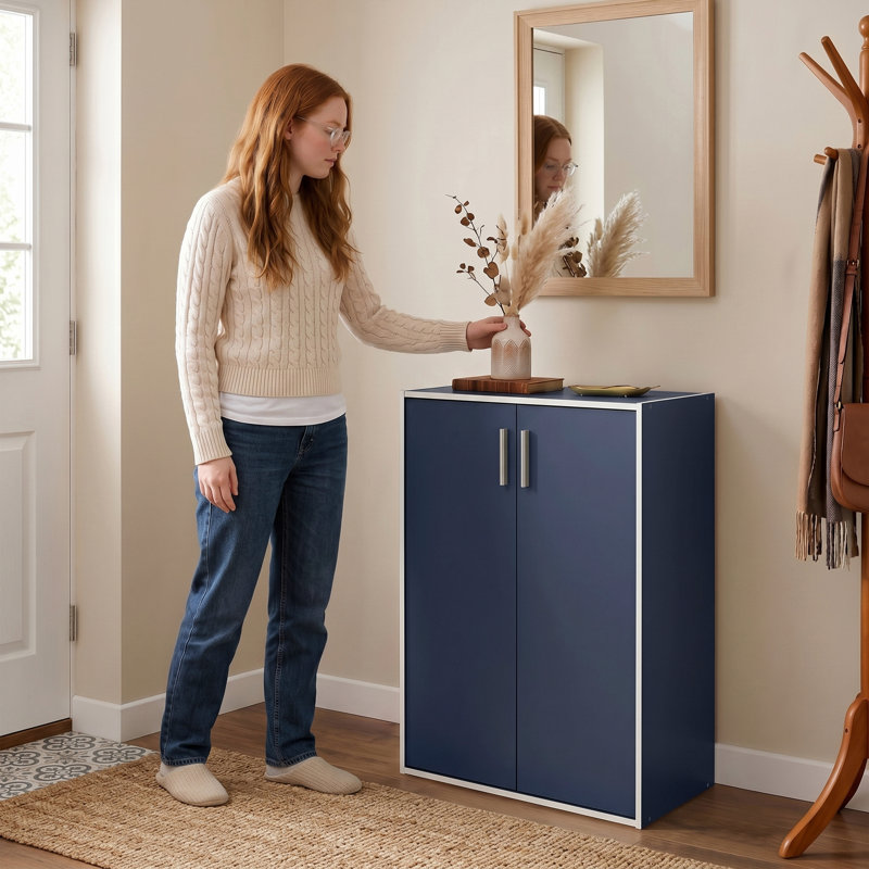 Bibliothèque de rangement à 3 niveaux en bois 35,5 "avec portes, Bleu acier