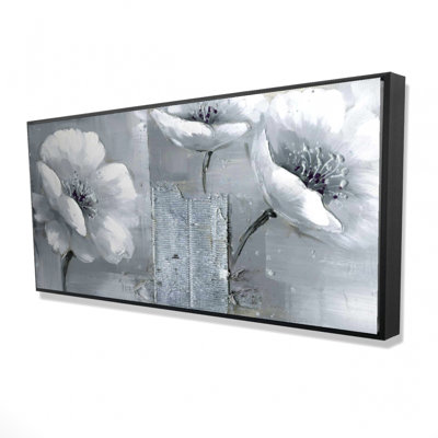 Gray & White Flowers Print On Canvas